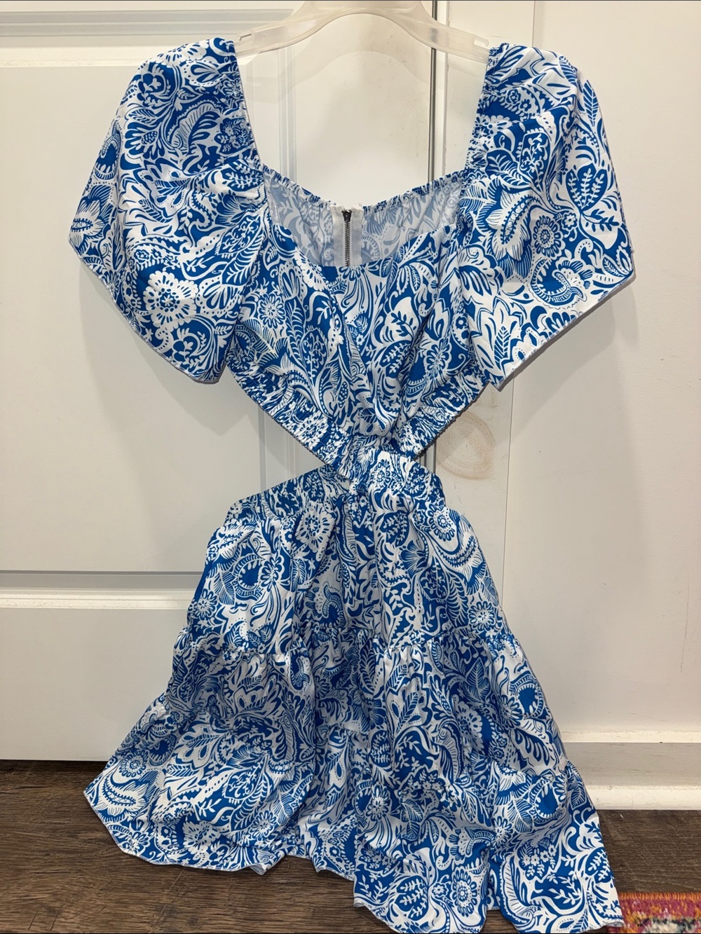 SHEIN Blue & White Floral Cutout Mini Dress